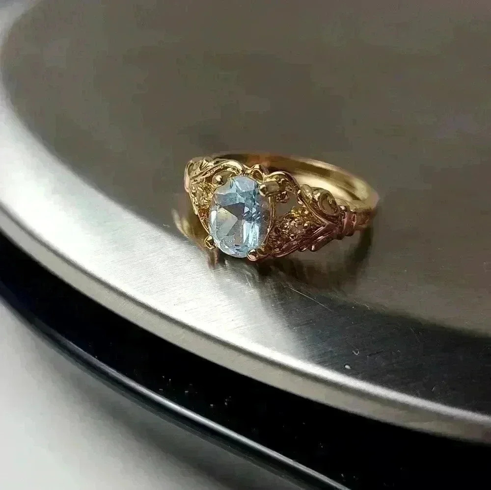 14K yellow gold plated blue Topaz ring gemstone ring size 7